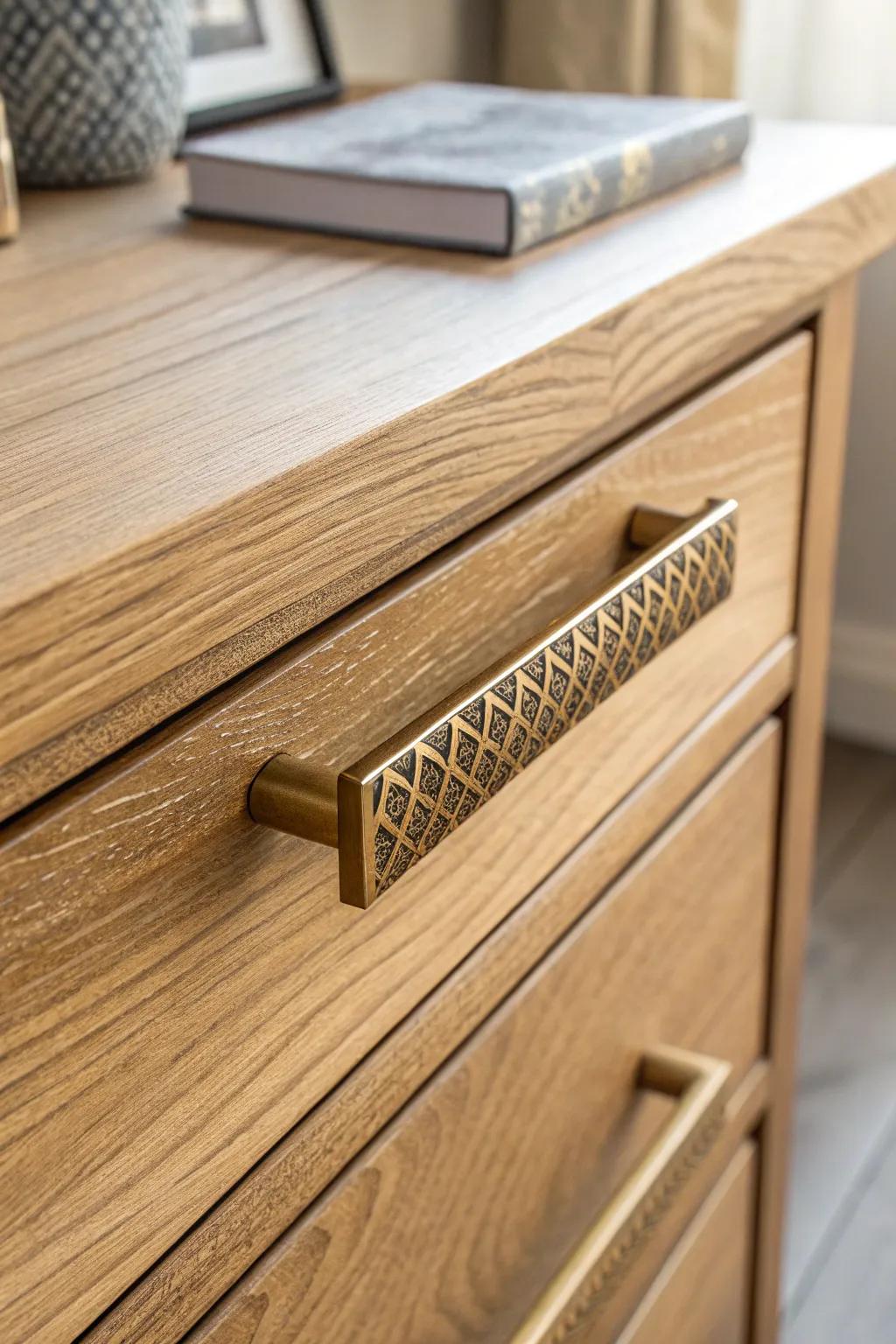 Elevate your dresser's design with the elegant touch of textured metal pulls.