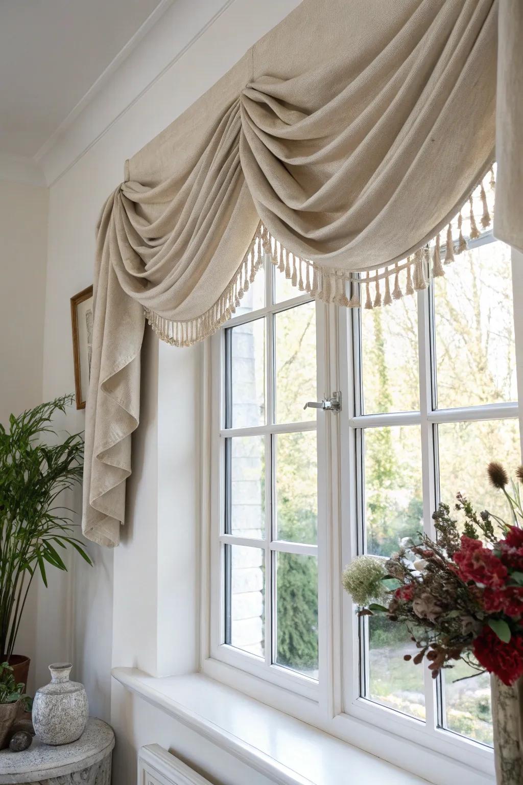 Elevate your windows with a versatile valance crafted from drop cloth fabric – where minimalist design meets Boho charm.