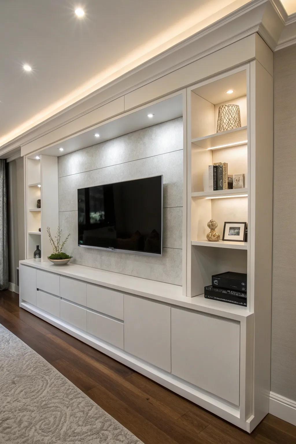 Elevate your space with a minimalist drywall entertainment center, where craftsmanship meets serene design.