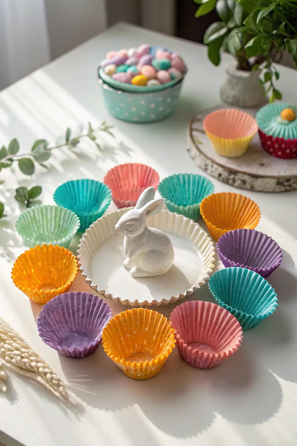 Craft a Sweet Surprise: Transform cupcake wrappers into a charming Easter bunny trap with vibrant colors and minimalist flair!