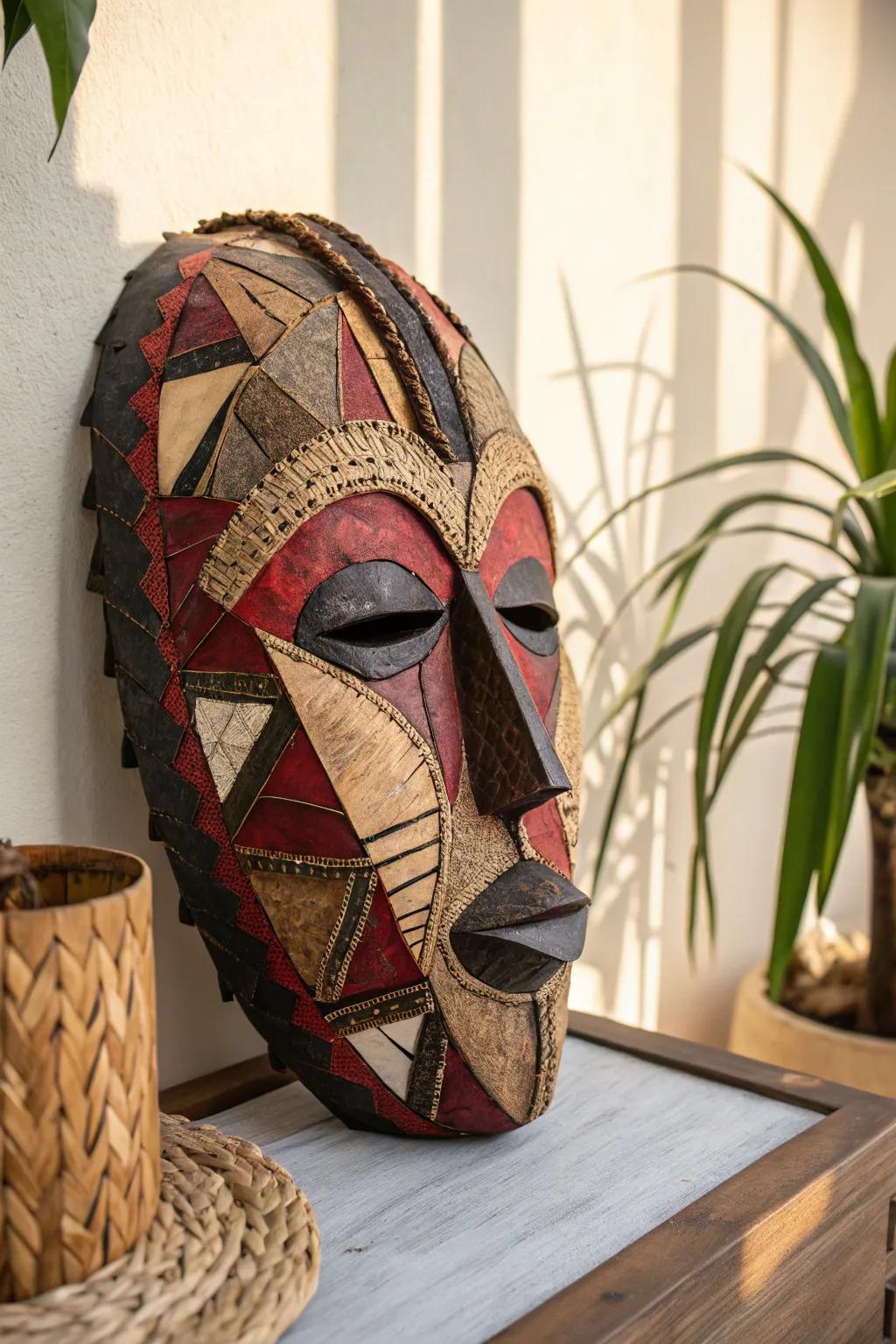 Unveil the beauty of layered creativity with this striking African collage mask.
