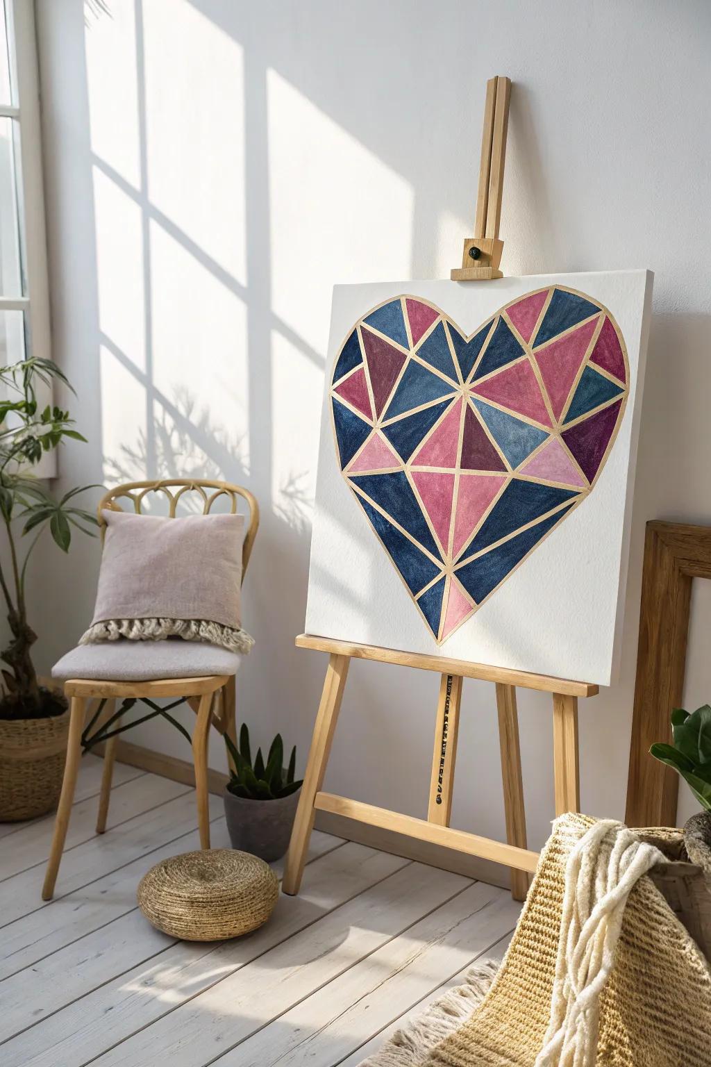 Add a touch of modern elegance with a geometric heart masterpiece, perfect for a chic and stylish living room.