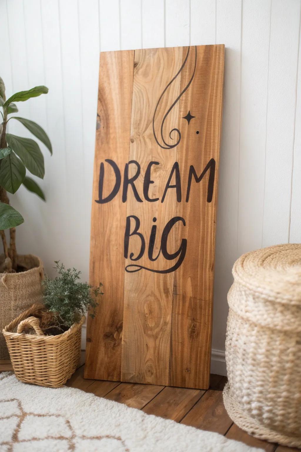 Let your dreams take flight with inspiring words beautifully painted on natural wood.