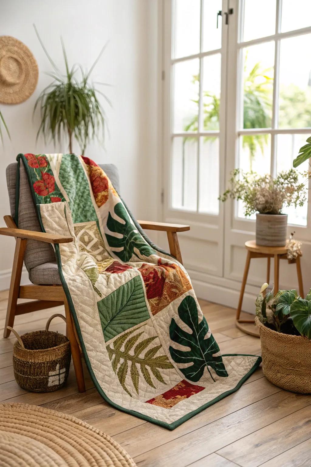 Embrace the outdoors with this nature-inspired quilt, where vibrant botanical prints meet minimalist elegance.