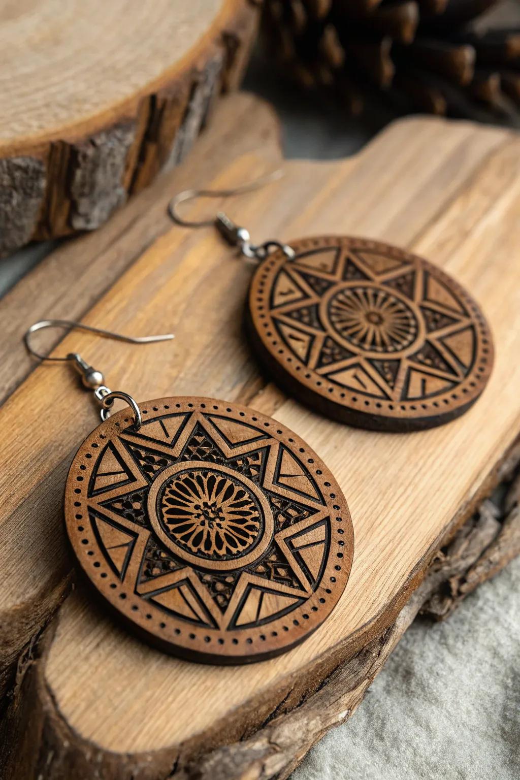 Elevate your style with these eco-friendly, handcrafted wooden earrings adorned with geometric elegance.