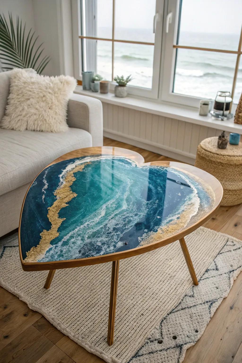 Crafted with love: A stunning heart-shaped epoxy table top that adds a bold splash of color to minimalist elegance.