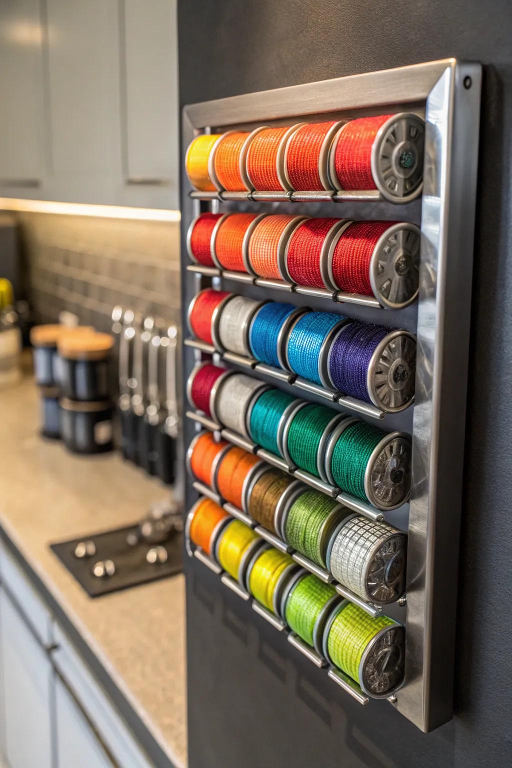 Transform your workspace with style - magnetic spice racks offer a clever solution for filament storage.
