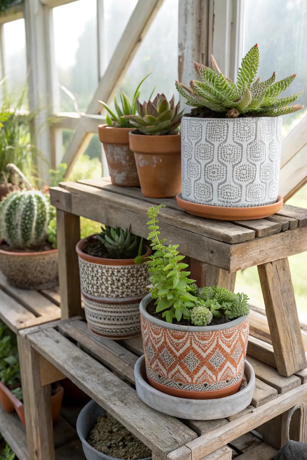 Elevate your garage greenhouse with sophisticated plant displays that showcase your unique style.