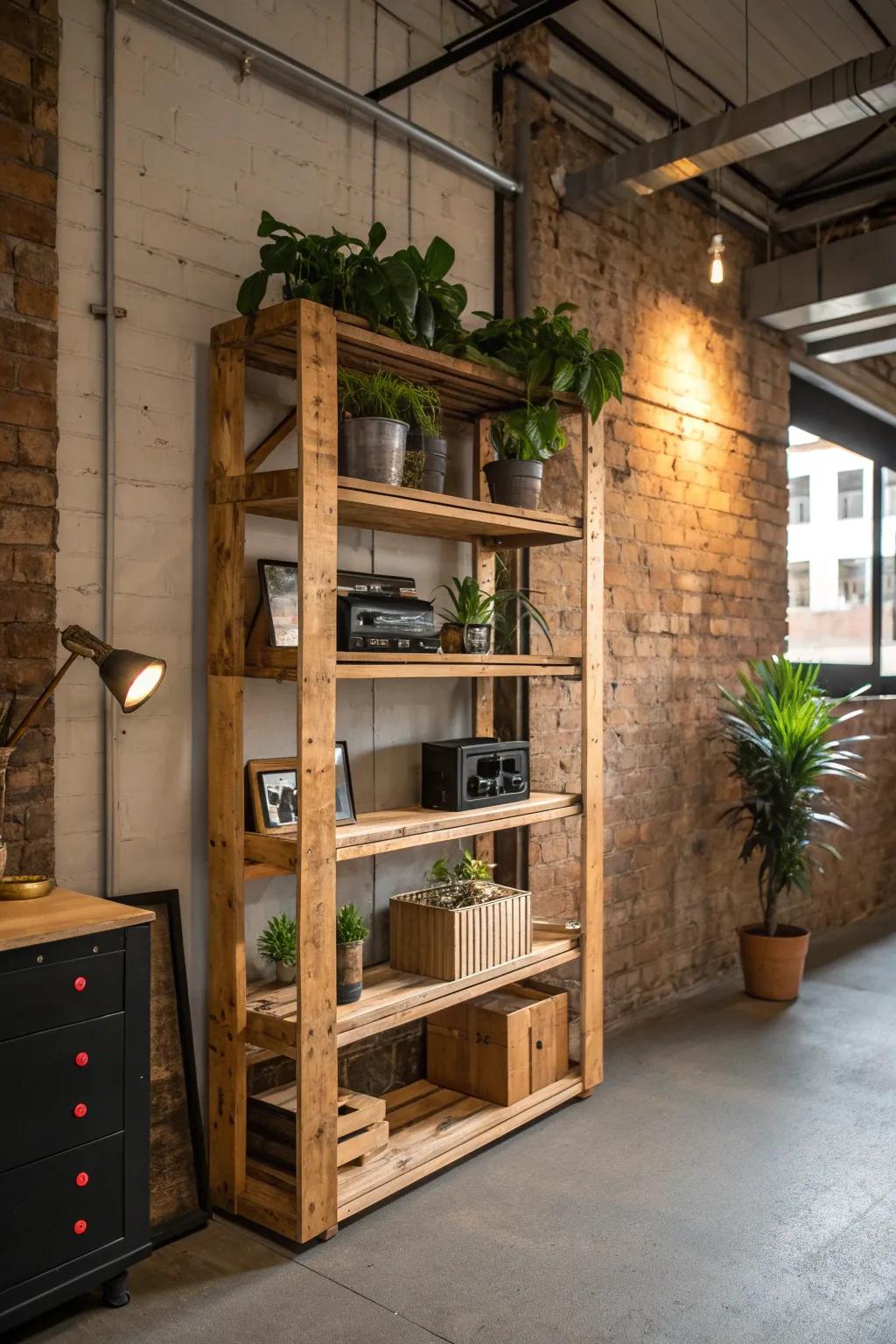 Transform your workspace with sustainable style: upcycled pallet shelving for an eco-friendly office retreat.