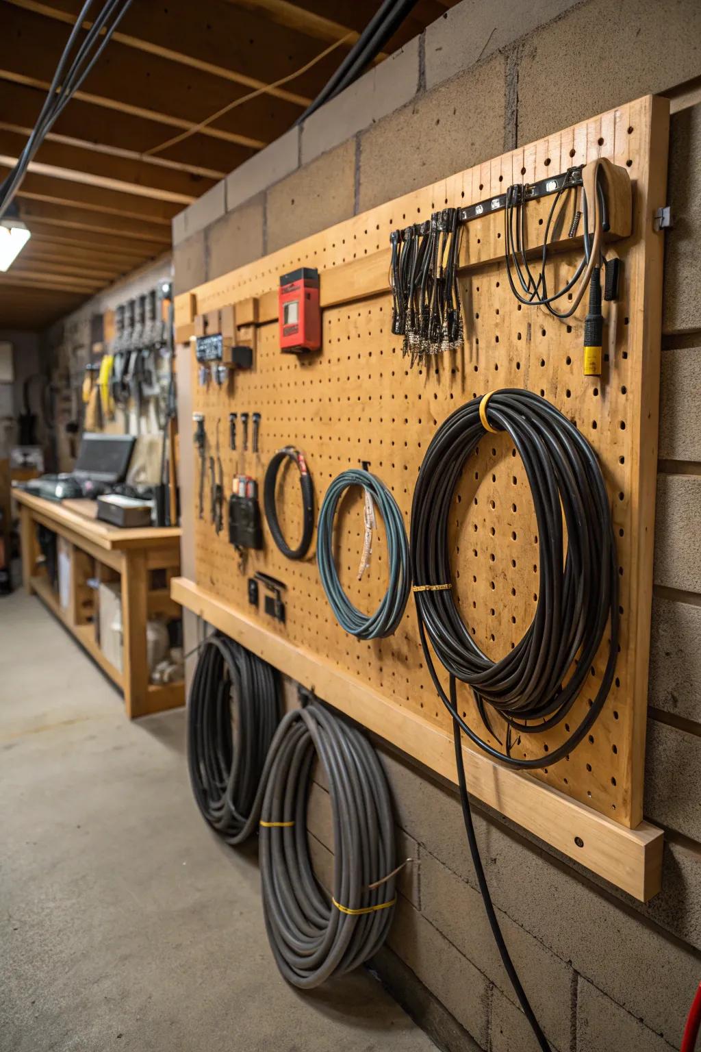 Master the art of cable management with these sleek and practical solutions for your garage workbench.