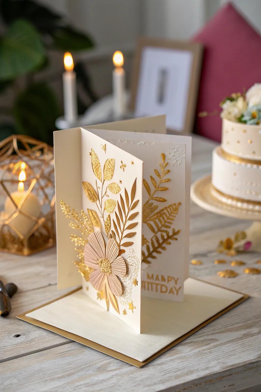 Surprise and delight with a pop-up birthday card featuring elegant gold accents. Perfect for those who appreciate artistry and a touch of luxury.