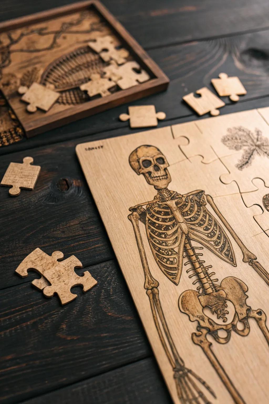 Unleash your creativity with these intricately laser-engraved skeleton jigsaw puzzles, perfect for a hands-on Halloween craft experience.