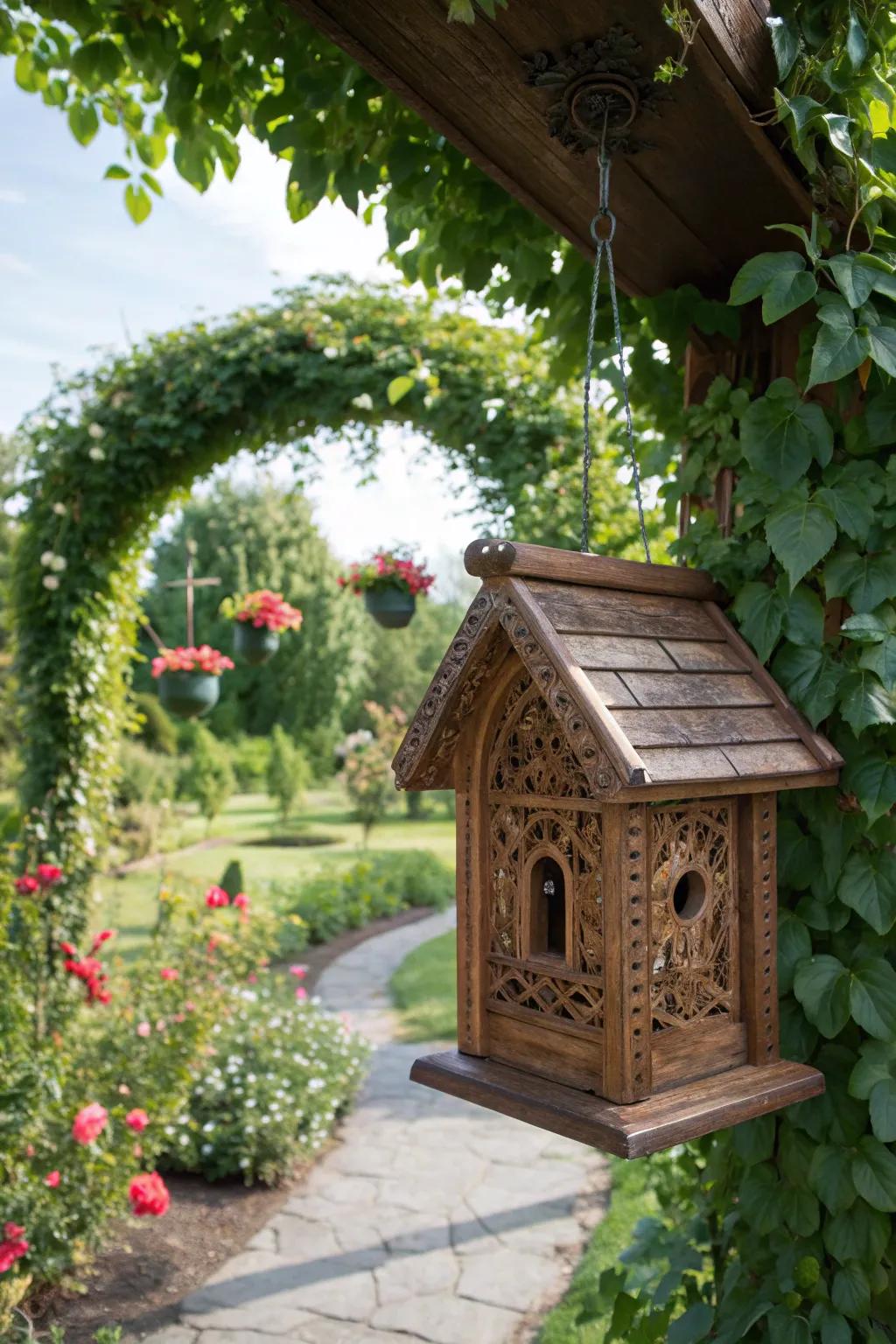 Elevate your garden entrance with a beautifully crafted birdhouse nestled in a charming archway.