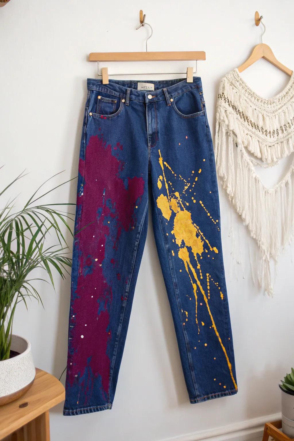 Transform denim into a canvas with bold paint splatters for a unique, artistic touch. 🎨👖 #CreativeJeans #ScandiBohoStyle