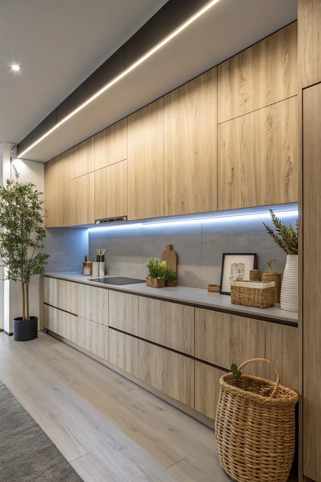 Transform your kitchen island with dynamic LED lighting for a touch of minimalist magic.