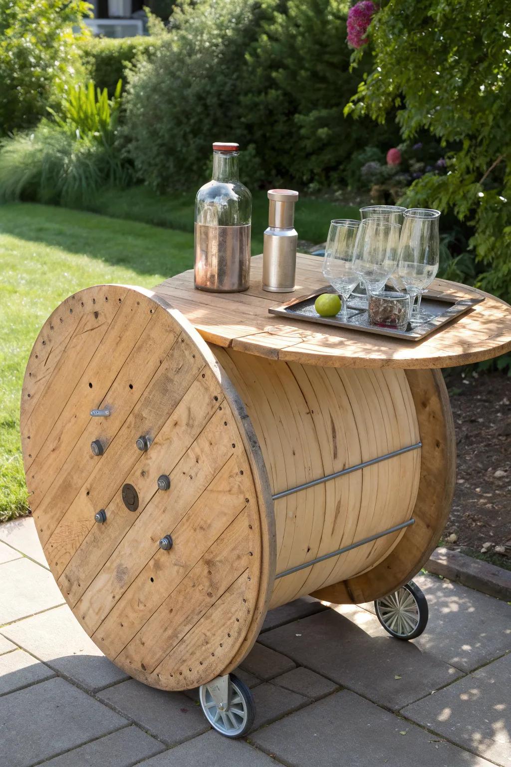Transform your summer gatherings with a handcrafted wooden spool bar cart—where rustic meets refined.