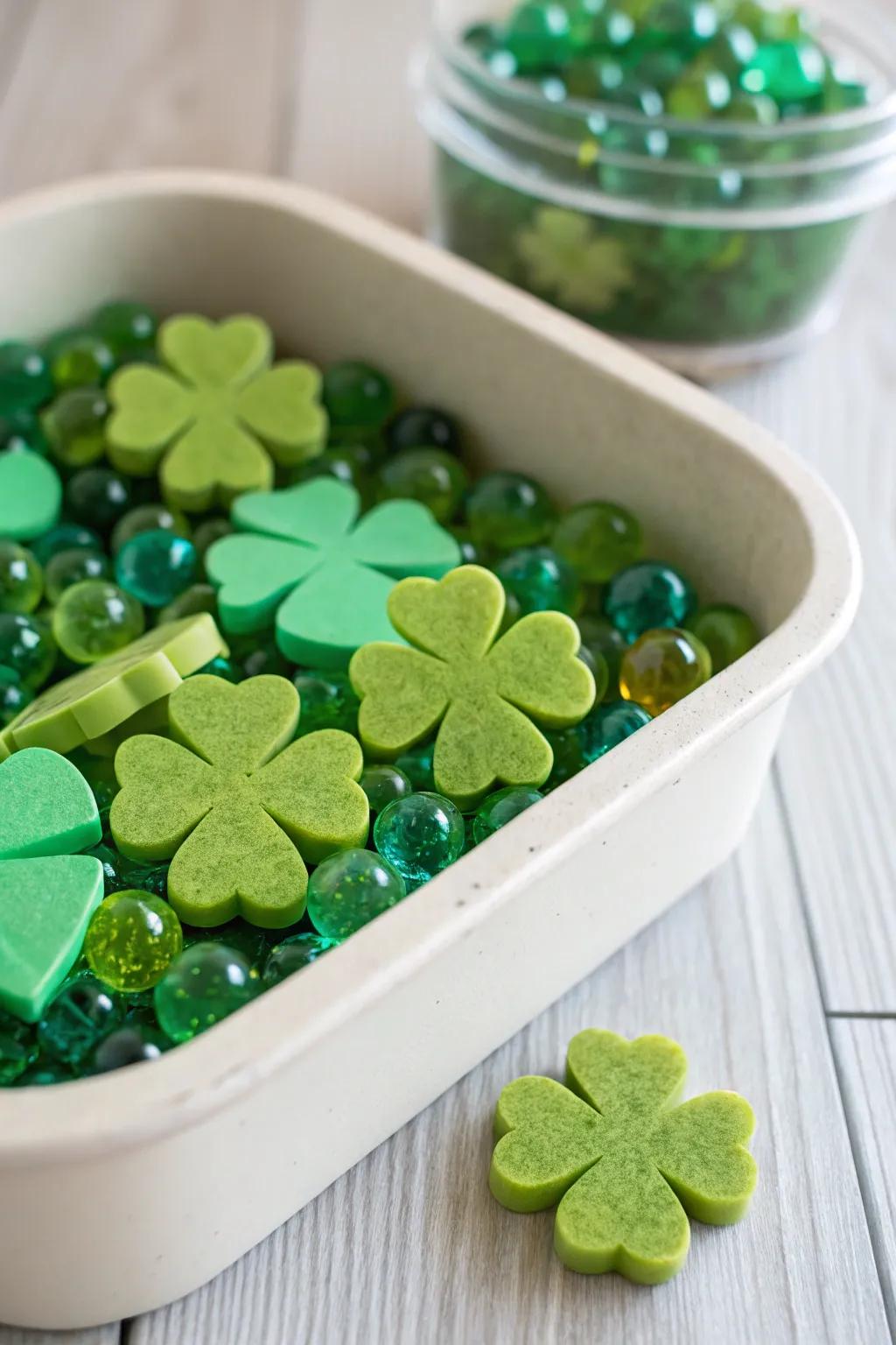 Discover hidden treasures in this enchanting Shamrock Surprise sensory bin, perfect for St. Patrick's Day fun!