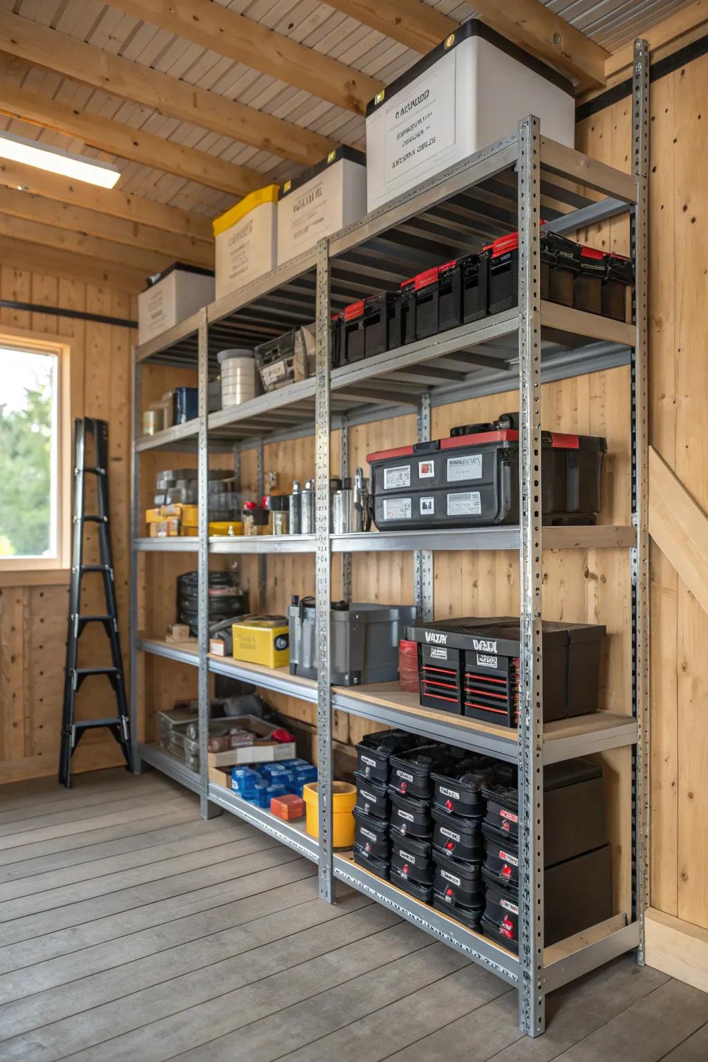 Transform your shed into a sanctuary of order with these stunning tiered shelving units.