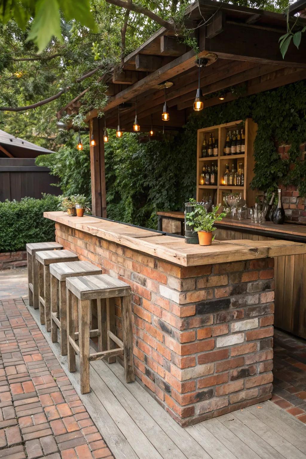 Elevate your outdoor bar with handcrafted, built-in seating for a touch of rustic charm.