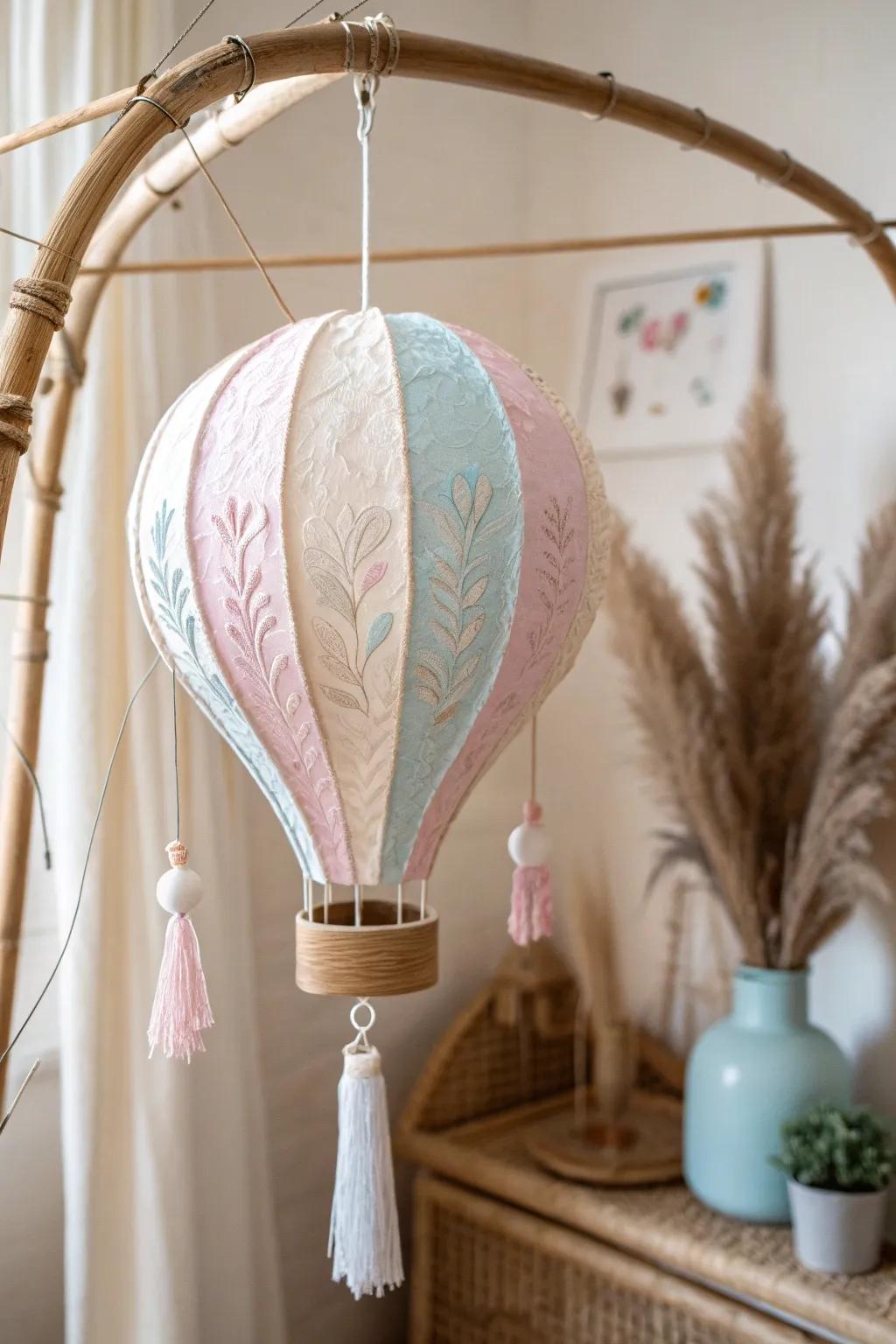 Whimsical elegance for your little one's room: a handcrafted paper mache balloon mobile.