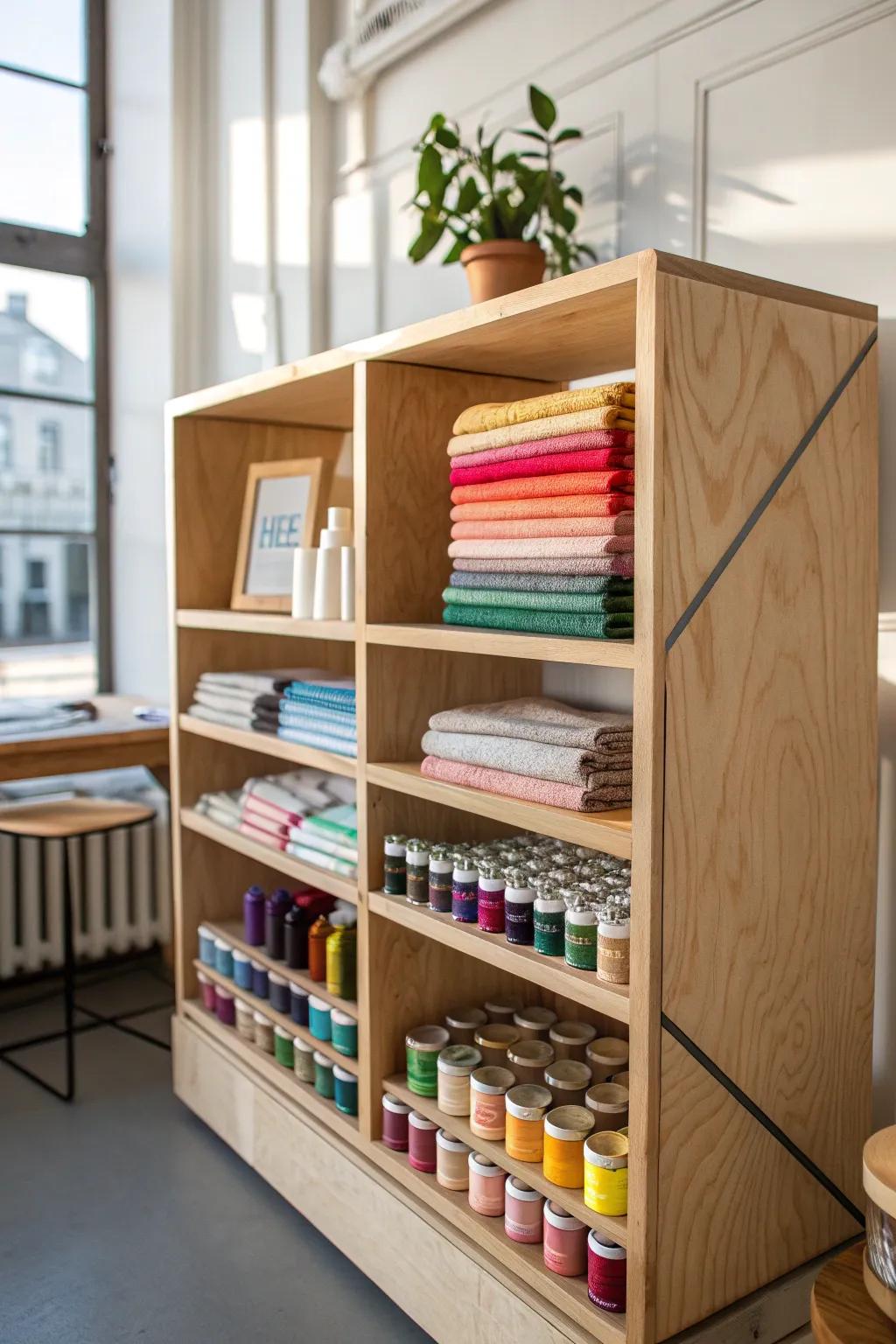 Transform your studio with handcrafted plywood shelves that blend style and function.