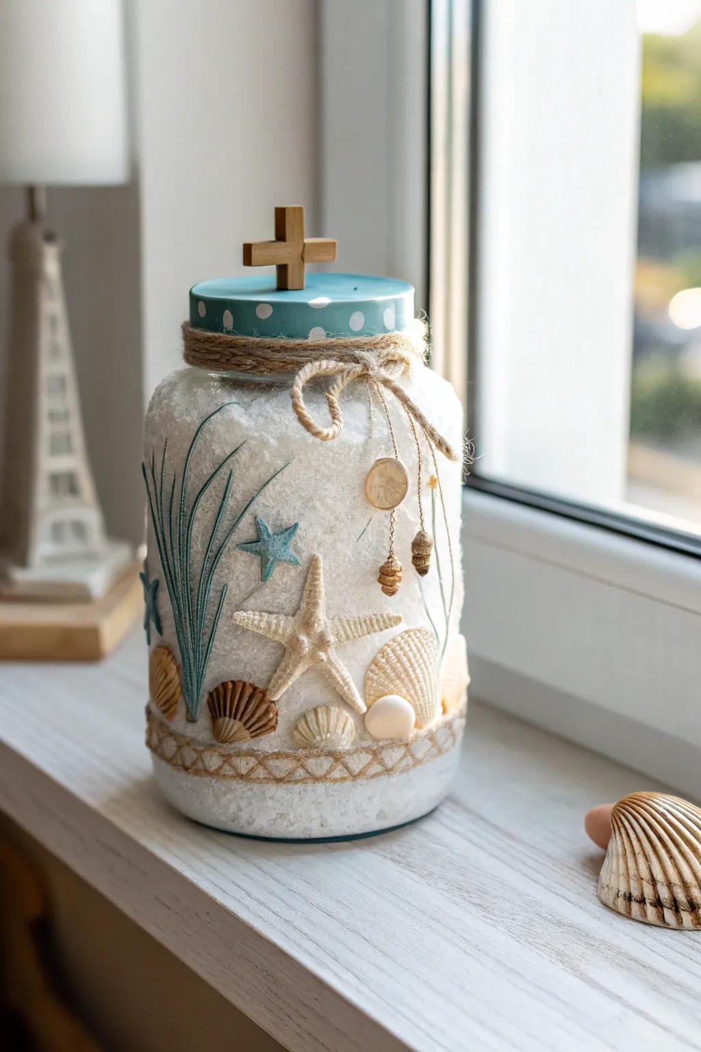 Embrace tranquility with a Seashell Serenity prayer jar, where simplicity meets the calming essence of the sea.