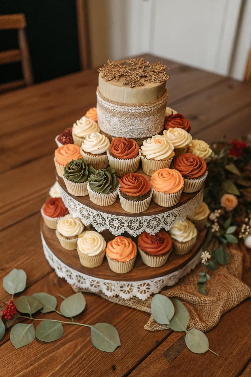 Embrace rustic elegance with a burlap and lace cupcake cake, perfect for cozy gatherings.