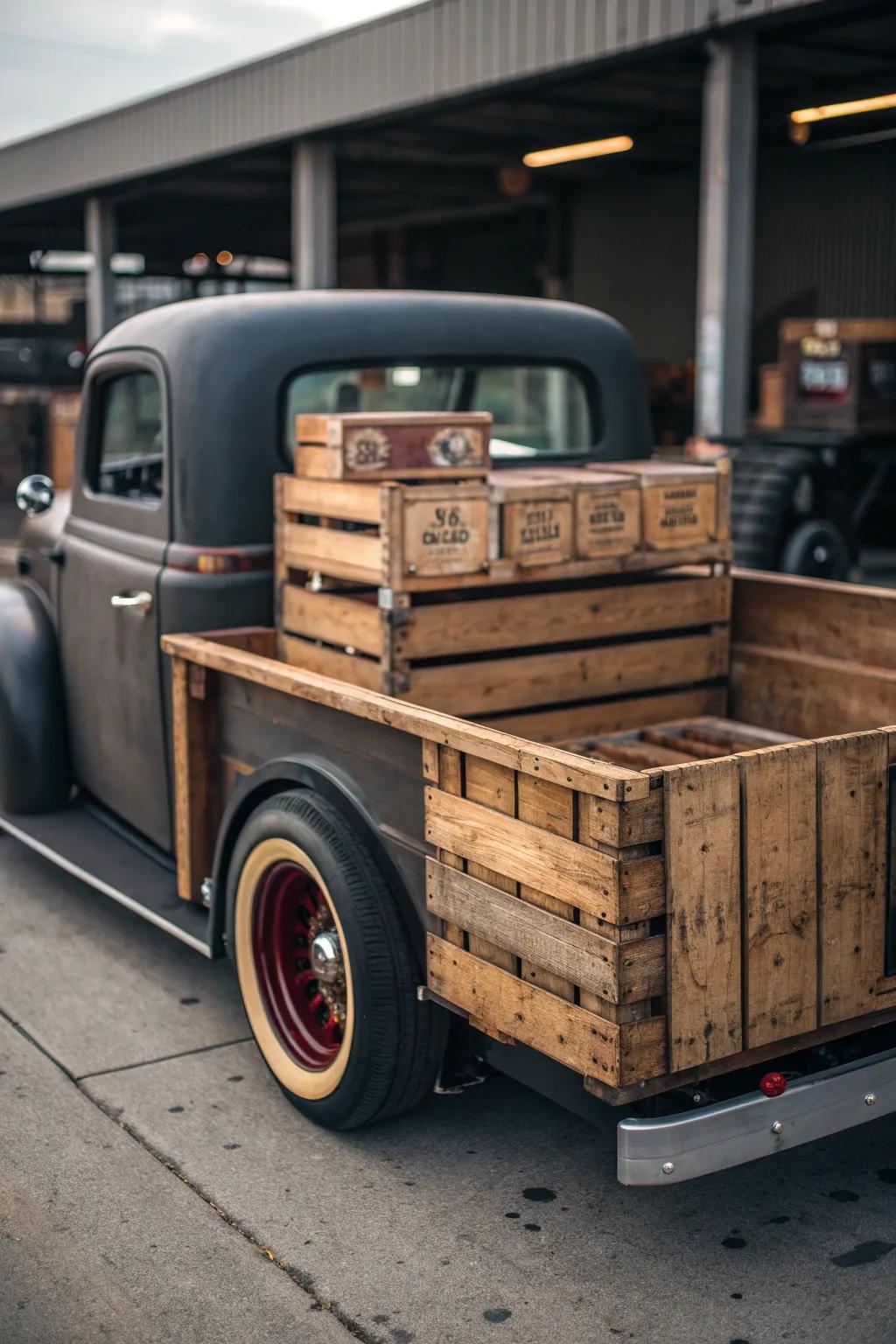 Elevate your rat rod with rustic wooden crate storage for that perfect blend of function and charm.