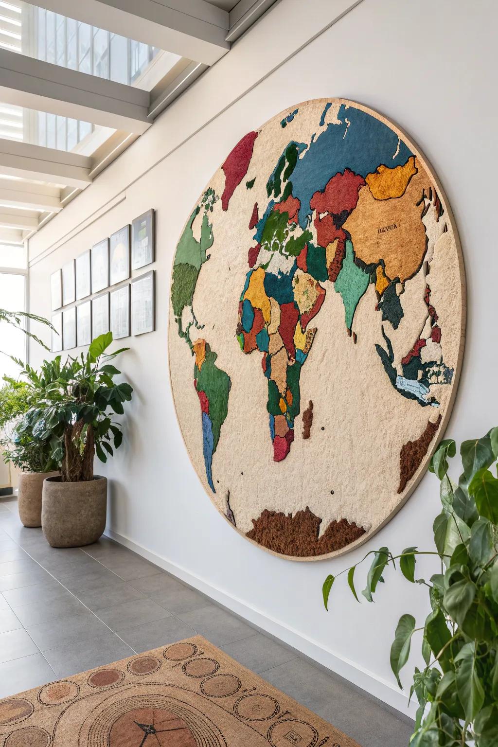Explore the world through touch with this stunning textured Earth mural crafted from recycled materials. A perfect blend of art and sustainability!