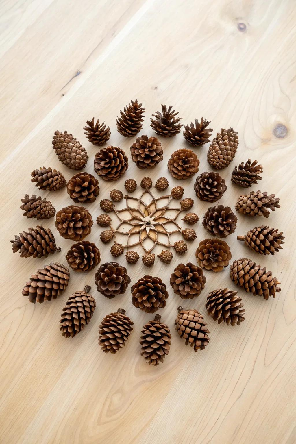 Discover the art of nature with this stunning pine cone mandala—an elegant blend of simplicity and creativity.