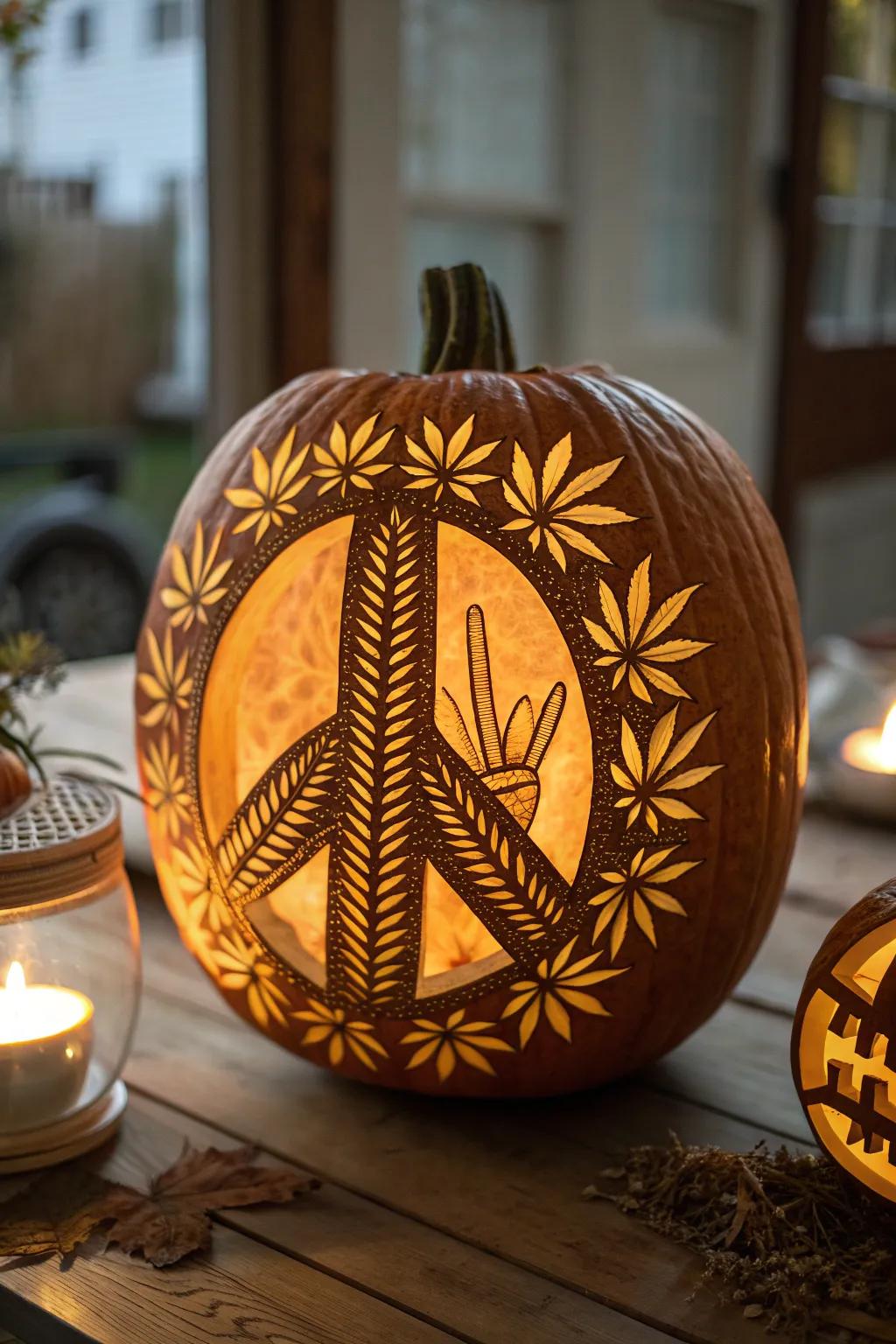 Celebrate harmony with this expertly carved Peace Pumpkin, perfect for adding a touch of tranquility to your festive decor.