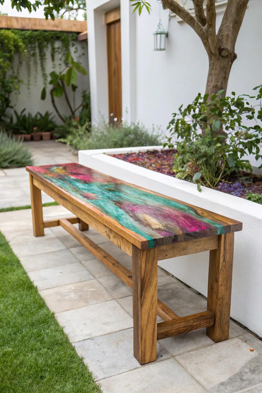 Transform your outdoor space with a splash of color—this vibrant wooden bench is more than just seating; it's a piece of art.
