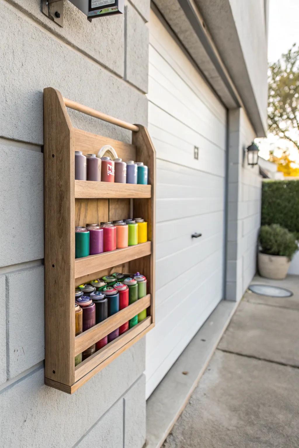 Transform your garage into a haven of organization with this chic magazine holder for your spray paints. #GarageGuru #DIYDelight