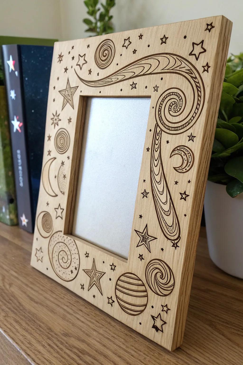 Embrace the cosmos with this stunning galaxy-themed wood burning frame, where minimalism meets the magic of the night sky.
