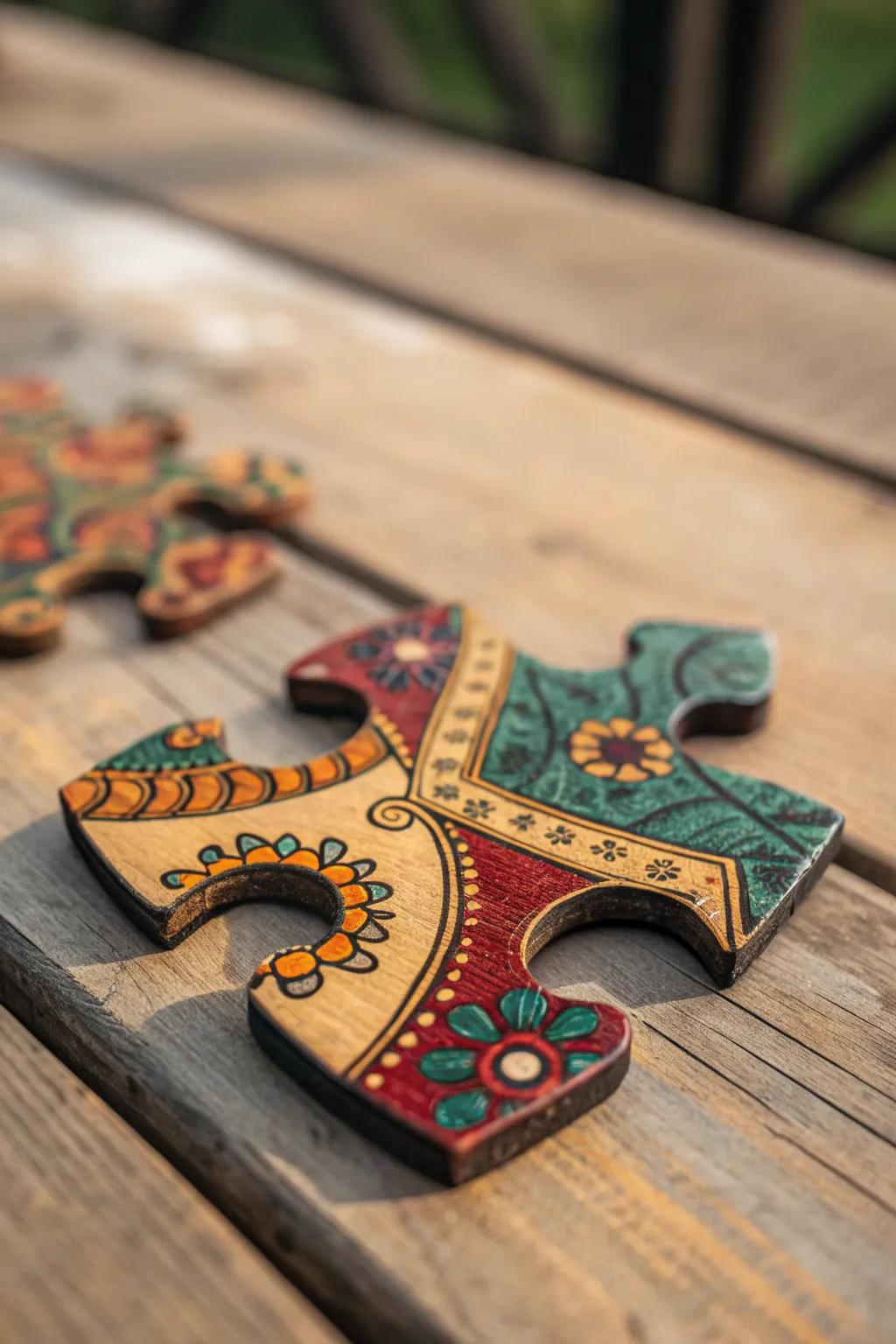 Discover the artistry of colorful wooden puzzles, where vibrant hues meet intricate design.
