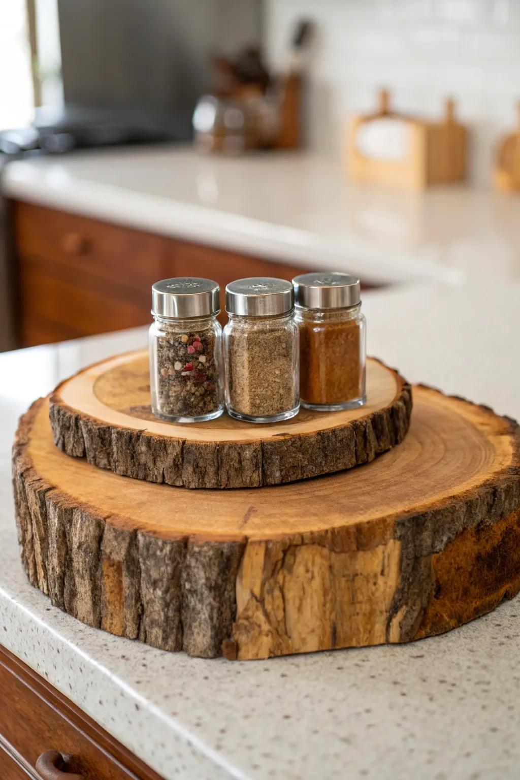 Bring the outdoors in with this handcrafted wood slice spice rack — a perfect blend of nature and functionality.