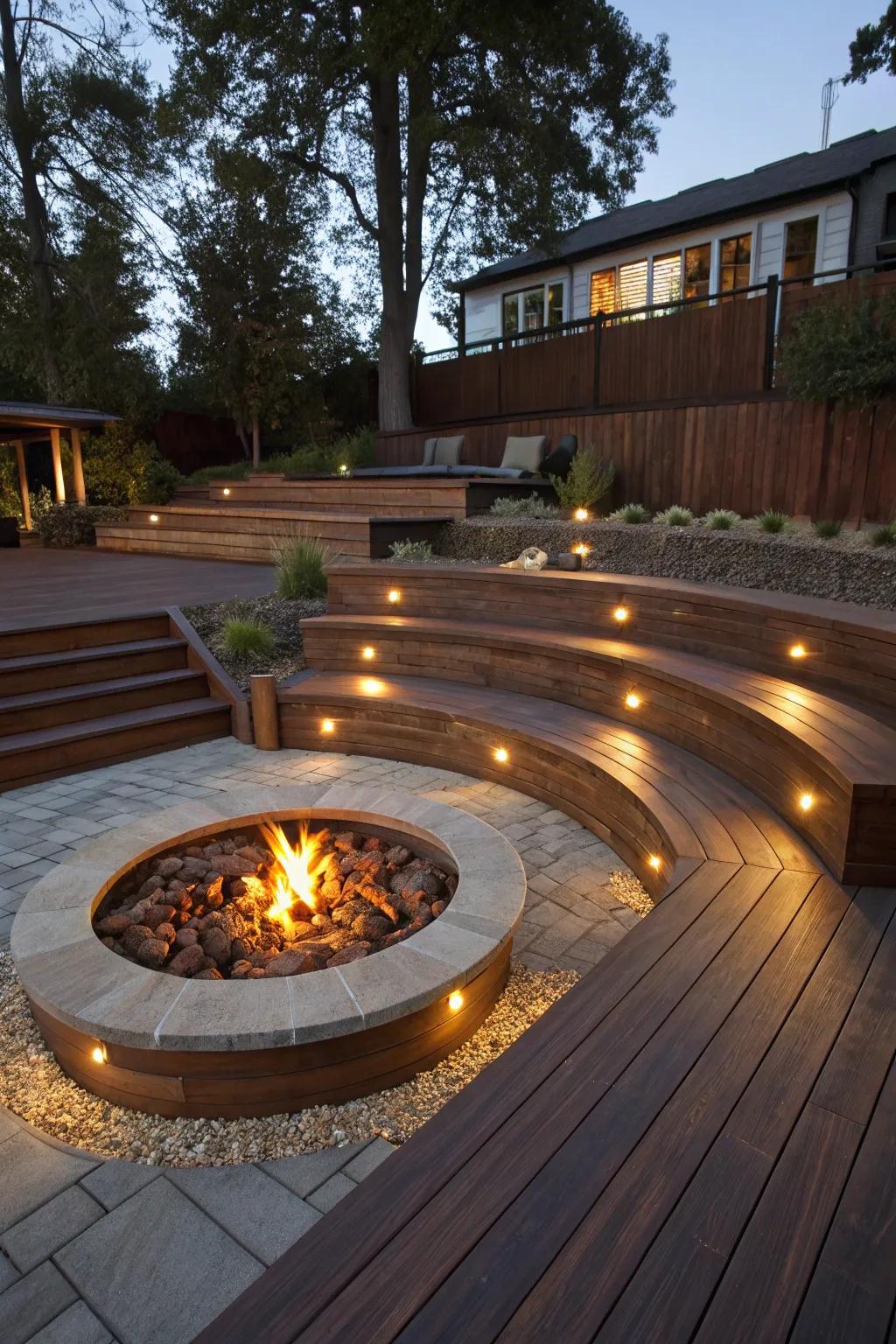 Elevate your backyard gatherings with this stunning multi-level sand fire pit design.