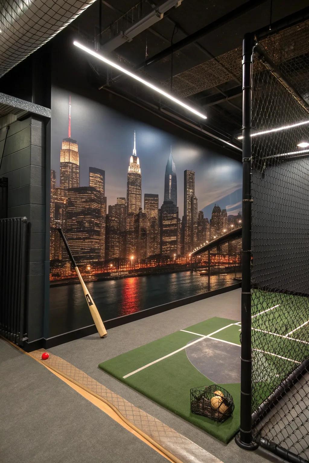Elevate your basement batting cage with a stunning city skyline mural that combines art and athletics for a captivating space.