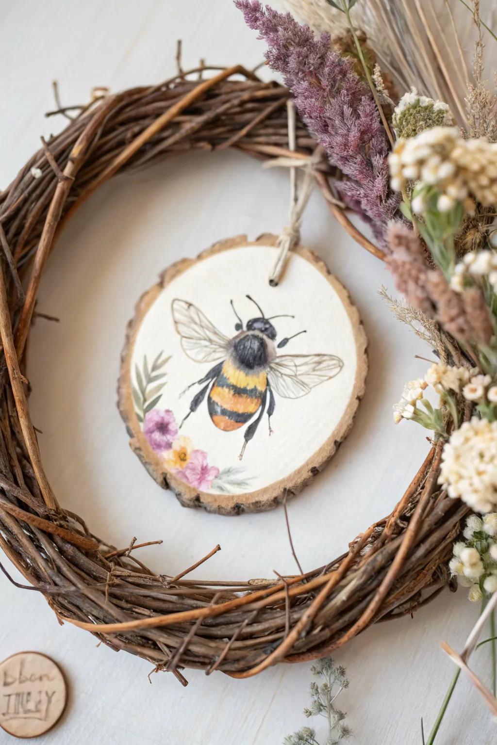 Elevate your space with the delicate beauty of a handcrafted bee wreath, where art meets nature.