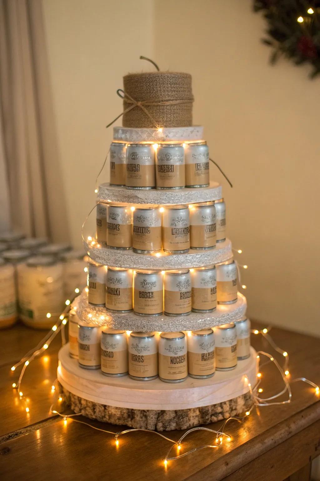 Illuminate your celebration with a stunning beer cake tower wrapped in fairy lights, combining minimalist elegance with boho charm.