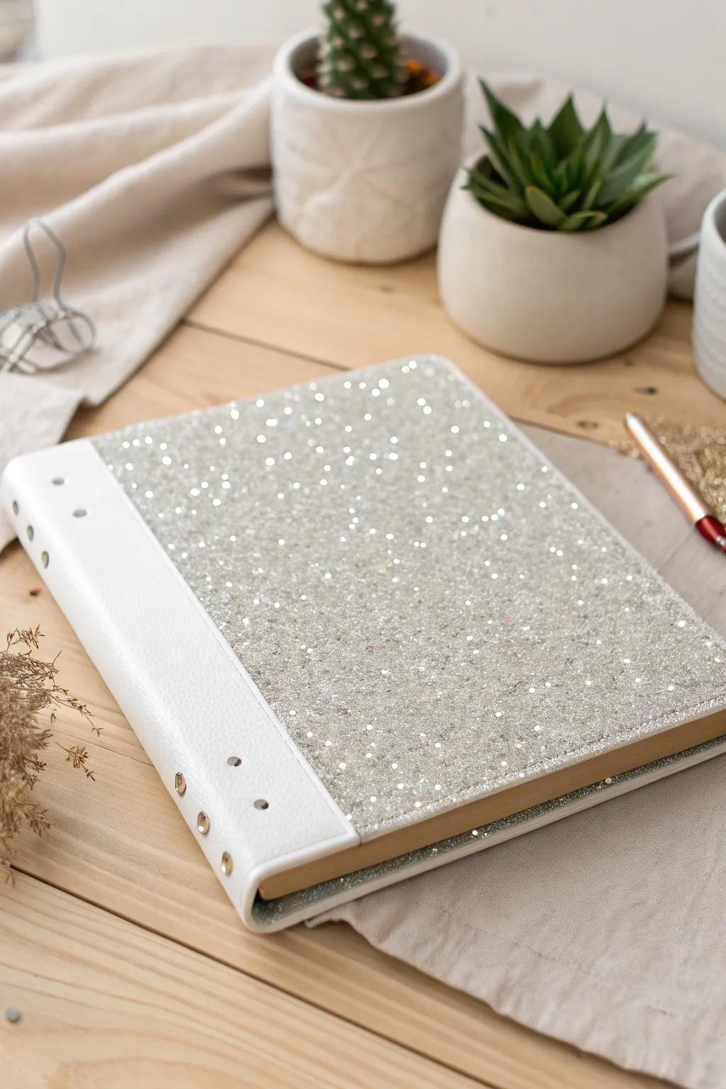 Add a touch of sparkle to your organization with this chic glittery binder cover.
