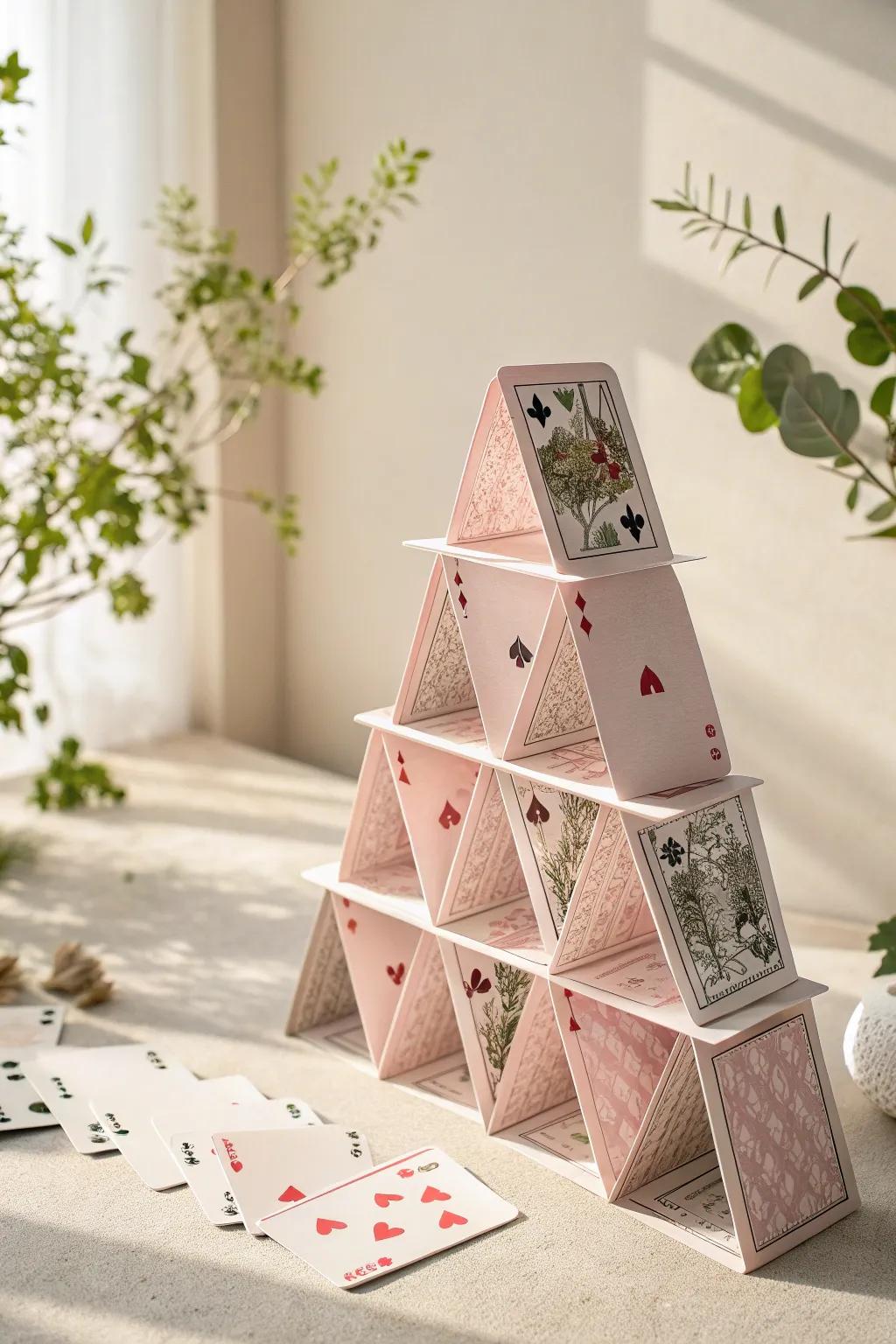 Elevate your card tower game with elegant layered platforms. Embrace balance and simplicity with a modern twist.