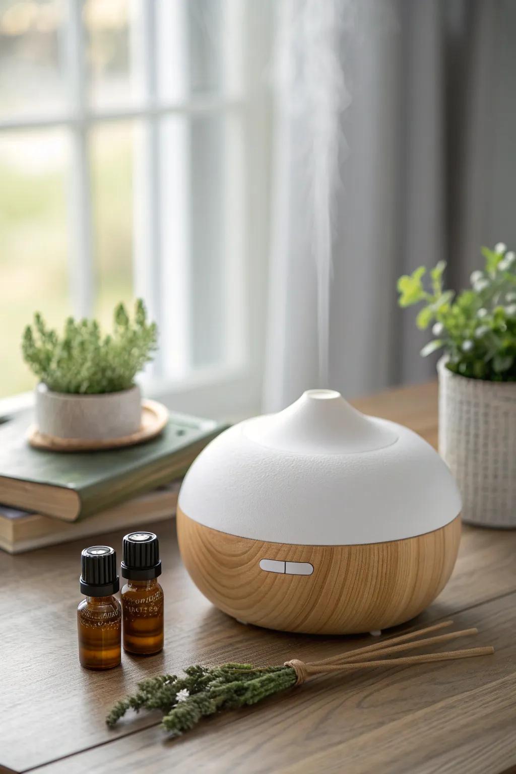 Create a serene haven with a touch of minimalism: an essential oil diffuser for tranquility and freshness.