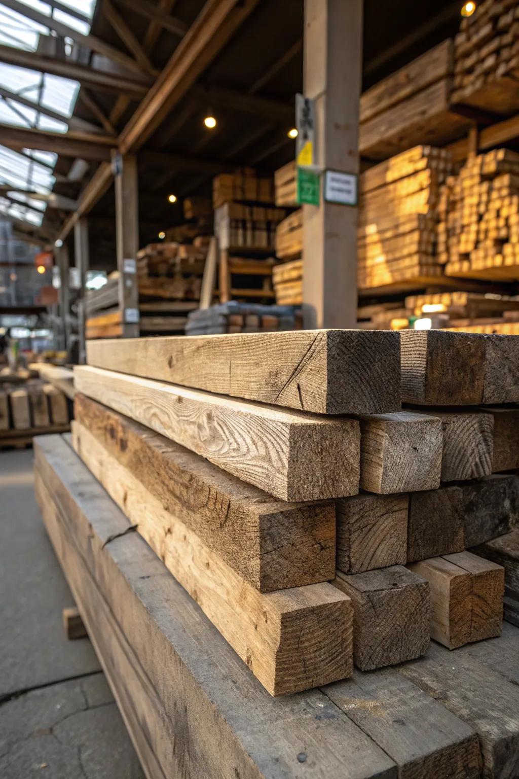 Discover beauty in bargain: Reclaimed wood beams ready to craft your dream home.