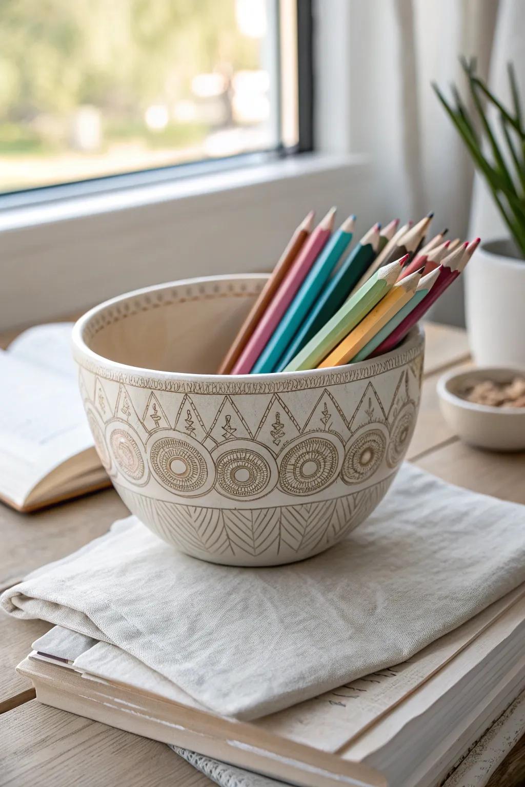 Elevate your workspace with a touch of artistry: Store your colored pencils in style with a decorative bowl that marries Scandinavian simplicity with bohemian flair.