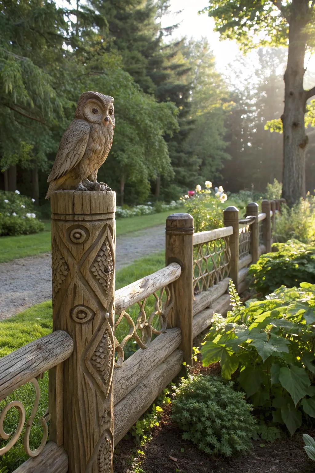 Elevate your garden's charm with handcrafted ornaments on a rustic split rail fence.