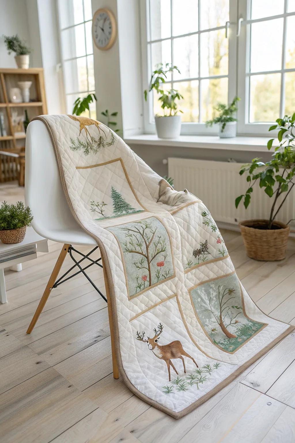 Wrap yourself in a storybook tale with this enchanting deer panel quilt, where each stitch tells a chapter of cozy narratives.