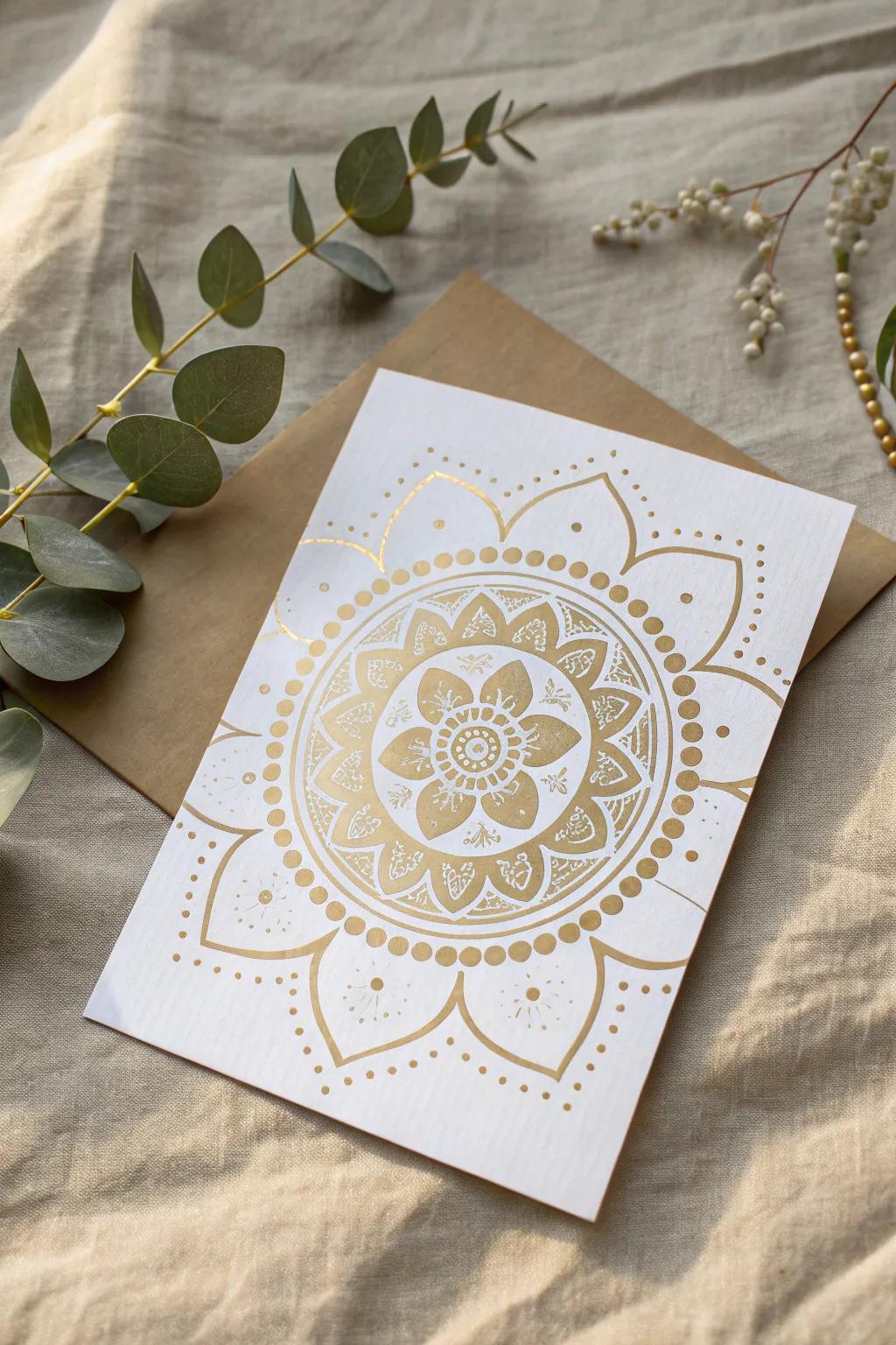 Elevate your Diwali greetings with minimalist stenciled rangoli cards that capture the essence of elegance and simplicity.