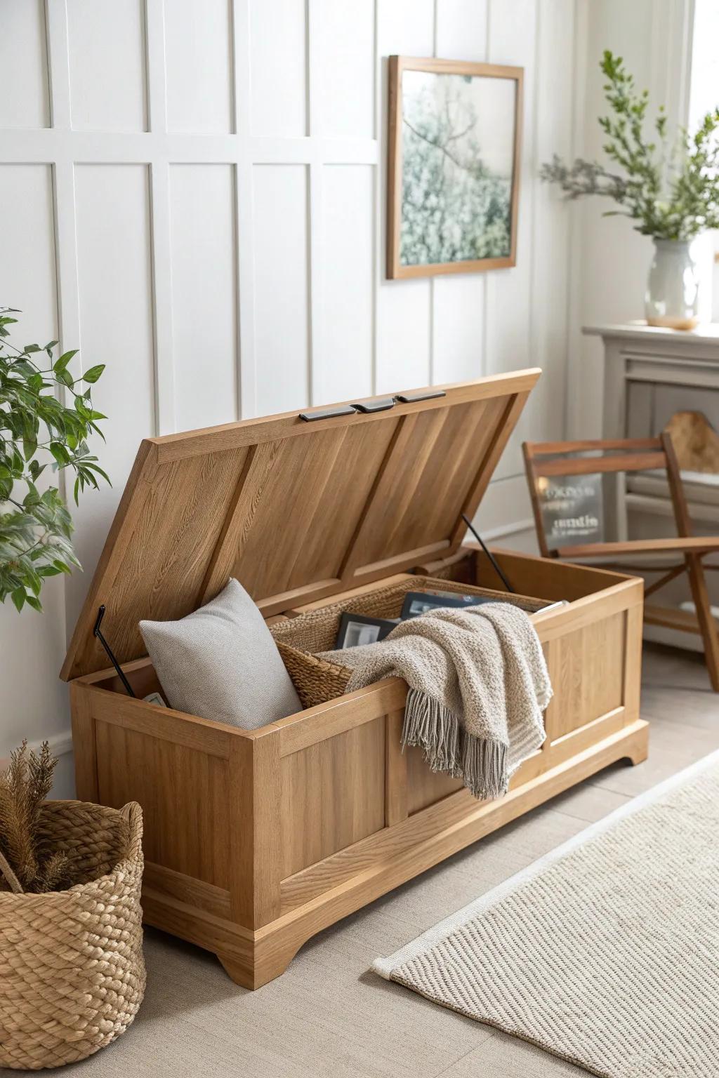 Elevate your home with this chic storage bench: the perfect blend of style and function for your folding chair storage needs.