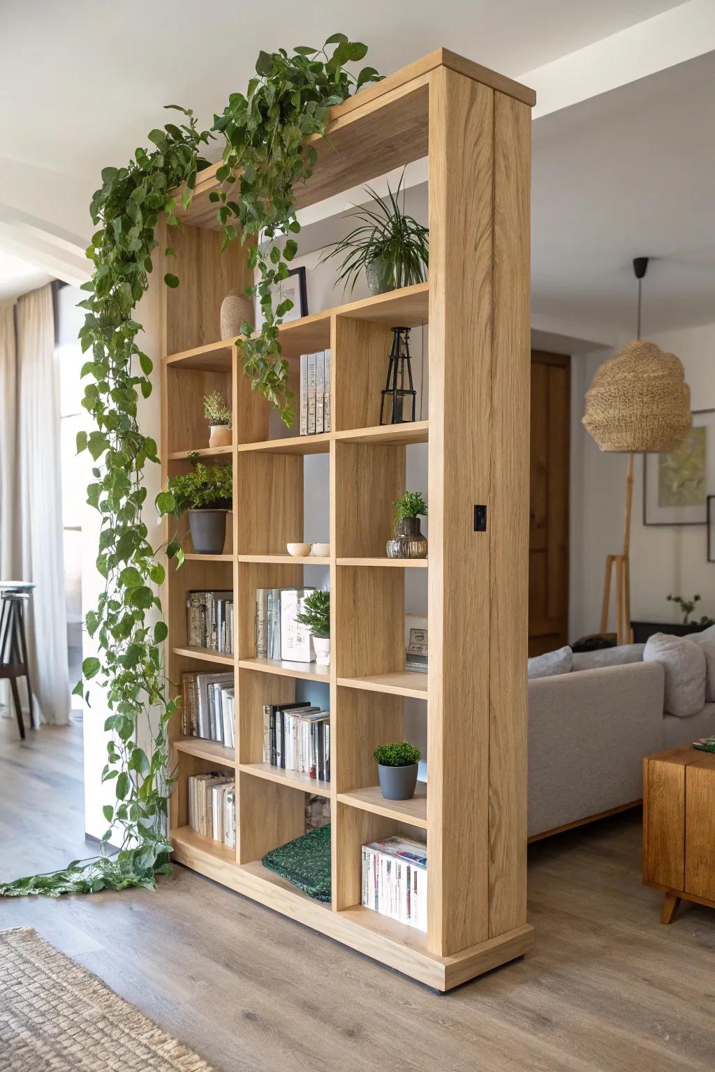 Transform your space with a minimalist bookshelf room divider that combines function and beauty. #DIYFurniture #ScandiBoho